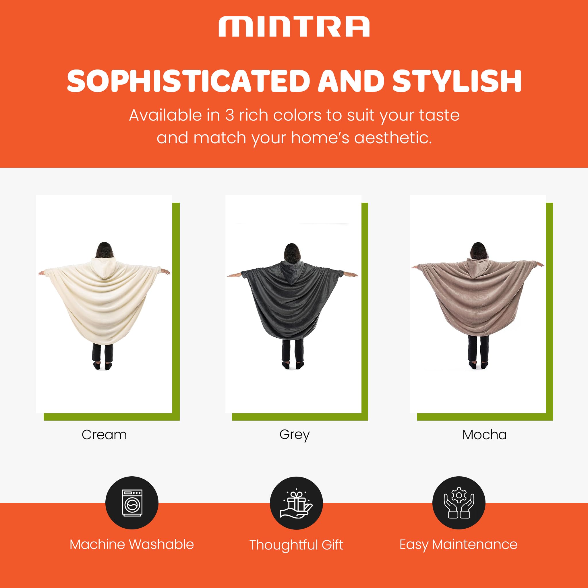 Mintra Home Wearable Blanket Hoodie, Soft, Warm & Cozy Snuggies for Women & Men, Hooded Blanket with Full Sleeves for Adults, One Size Fits All, 70in x 62in (Grey) - Image 4