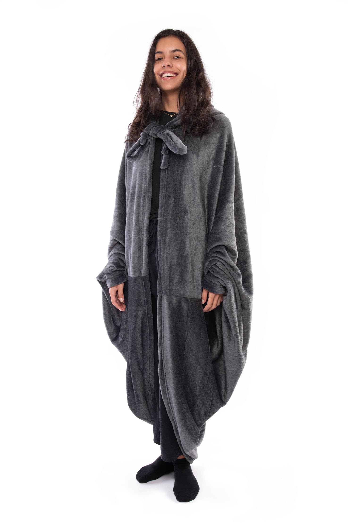 Mintra Home Wearable Blanket Hoodie, Soft, Warm & Cozy Snuggies for Women & Men, Hooded Blanket with Full Sleeves for Adults, One Size Fits All, 70in x 62in (Grey) - Image 6