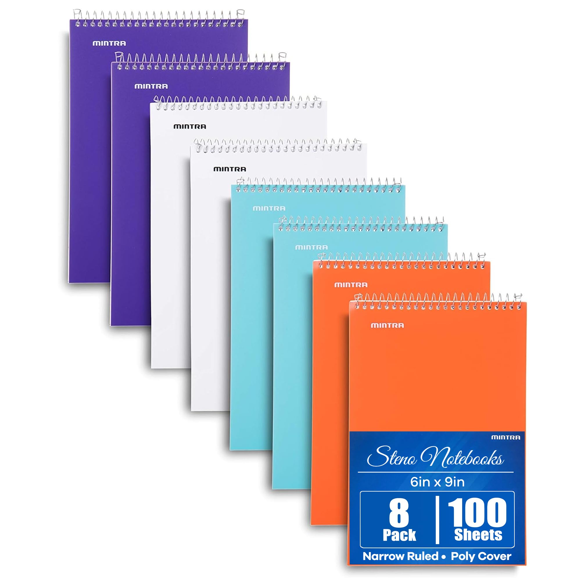 Mintra Office Steno Book - (BRIGHTS - Purp/Wht/Teal/Orange) - Poly Cover, 6in x 9in, 100 sheets, Narrow Ruled for Writing Notes for school, office, work, 6x9 steno notepad, top bound spiral notebook (8 PACK)