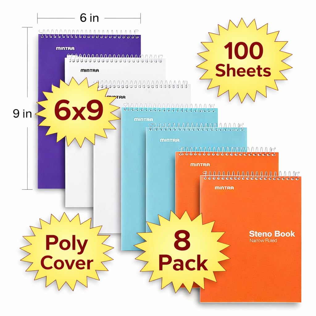 Mintra Office Steno Book - (BRIGHTS - Purp/Wht/Teal/Orange) - Poly Cover, 6in x 9in, 100 sheets, Narrow Ruled for Writing Notes for school, office, work, 6x9 steno notepad, top bound spiral notebook (8 PACK) - Image 3