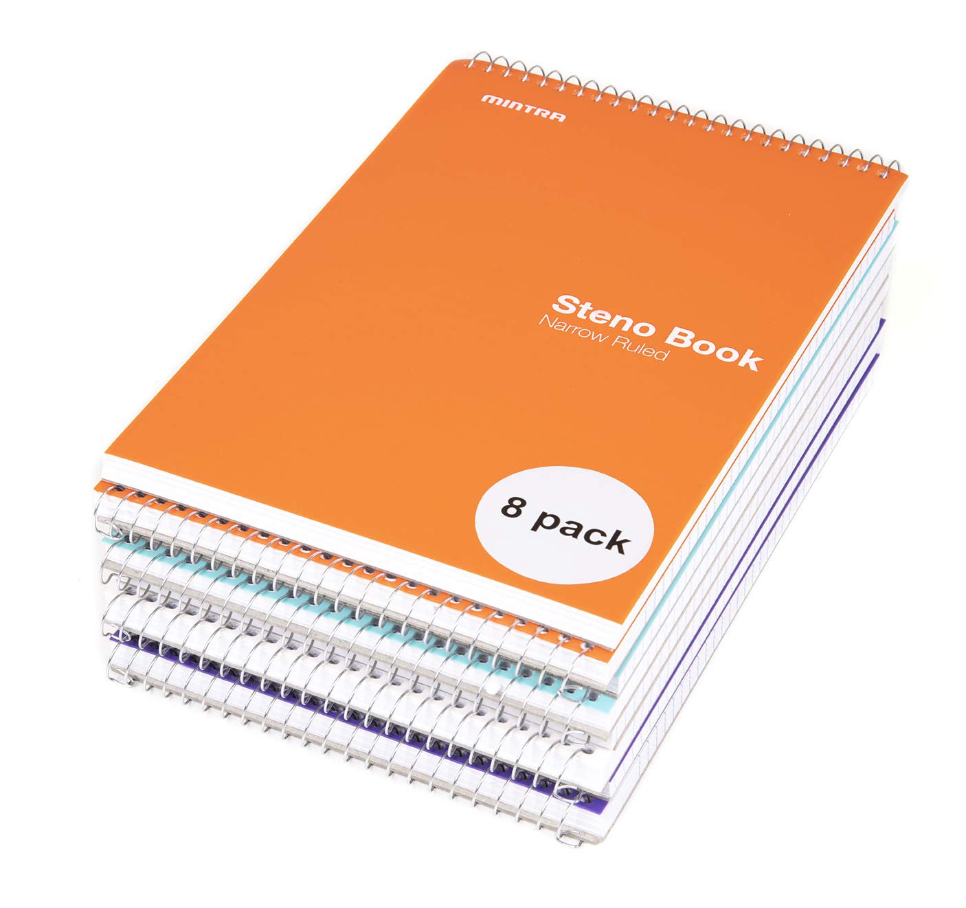 Mintra Office Steno Book - (BRIGHTS - Purp/Wht/Teal/Orange) - Poly Cover, 6in x 9in, 100 sheets, Narrow Ruled for Writing Notes for school, office, work, 6x9 steno notepad, top bound spiral notebook (8 PACK) - Image 4